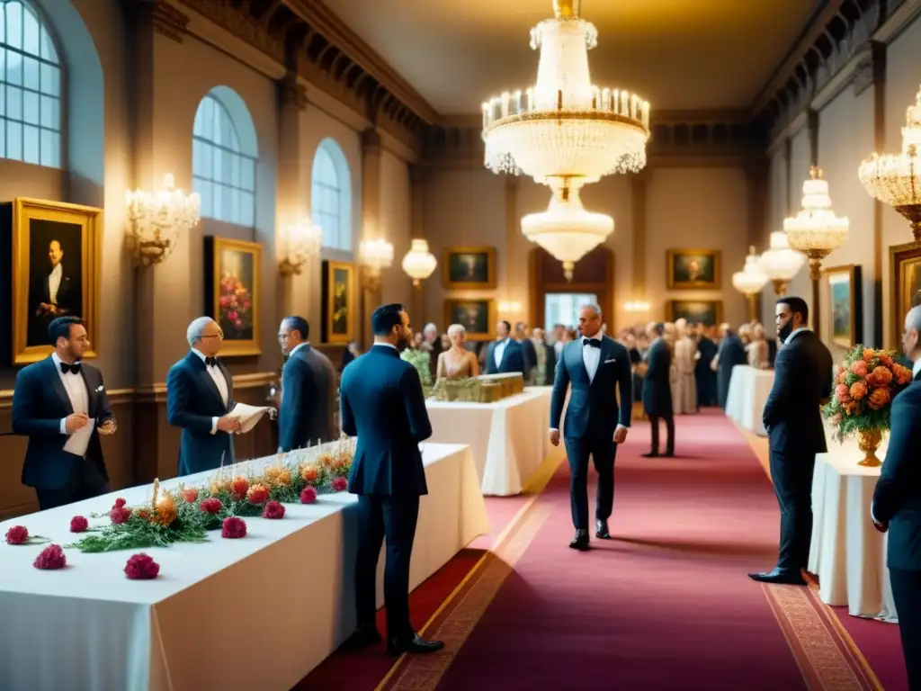 Subasta de arte lujosa con elegantes personas pujando por piezas exclusivas, decorada con chandeliers y mobiliario refinado