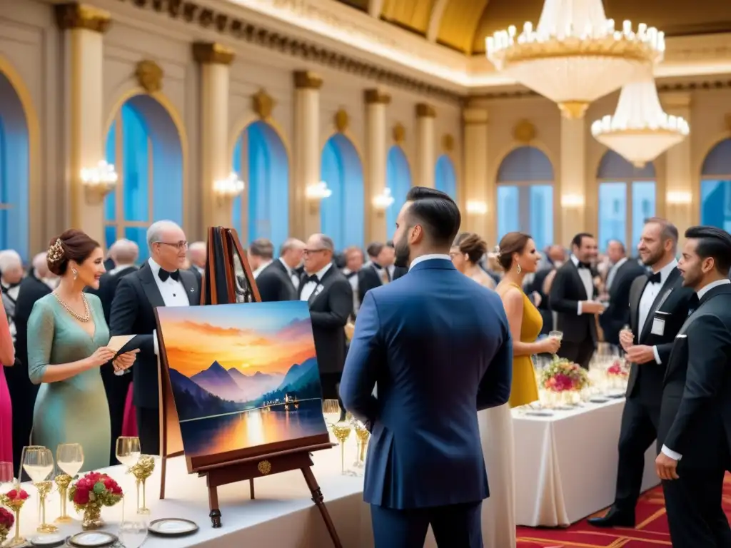 Subasta de arte benéfica en salón elegante: coleccionistas distinguidos pujan por obras, destacando una pintura bajo cálida luz