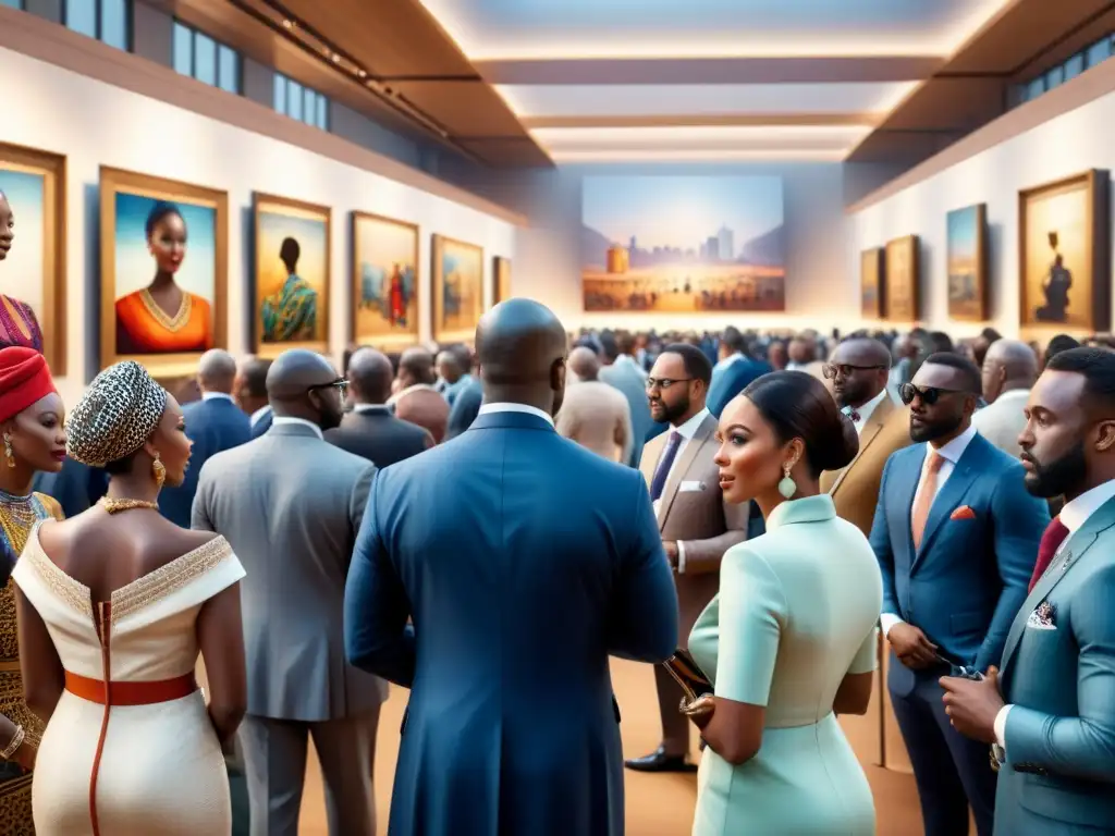 Subasta global de arte africano: sala llena de energía con vibrantes obras y elegantes asistentes pujando