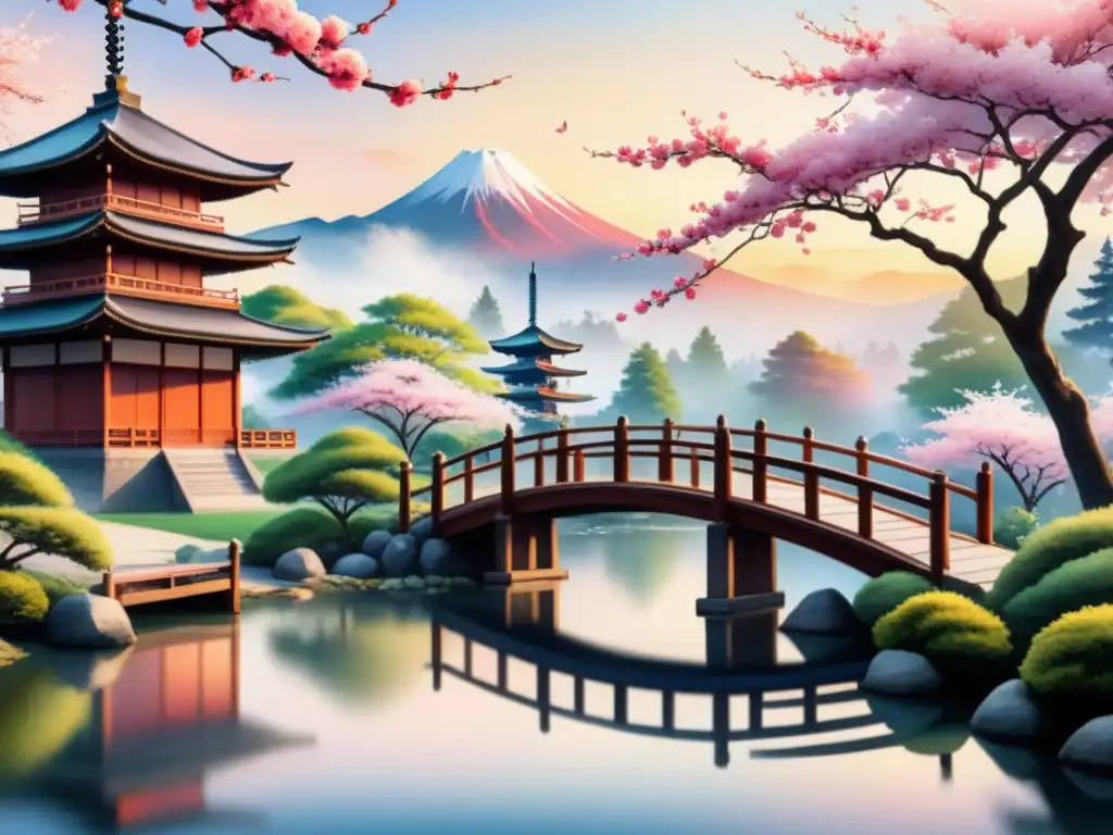 Sumie: pintura acuarela de un jardín japonés con cerezo en flor