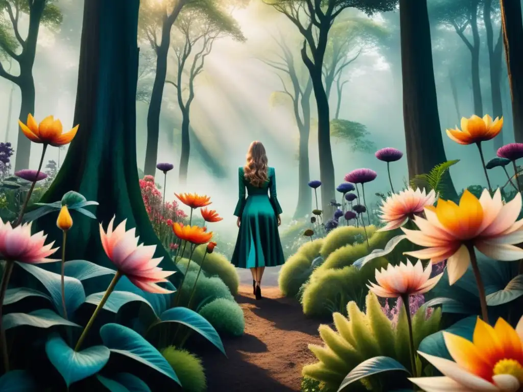 Un jardín surrealista de flores vibrantes y exageradas en un oscuro bosque, desafiando paradigmas estéticos arte visual