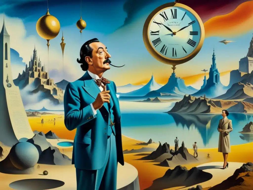 Salvador Dalí en exposición surrealista rodeado de relojes derretidos, figuras distorsionadas y paisajes oníricos