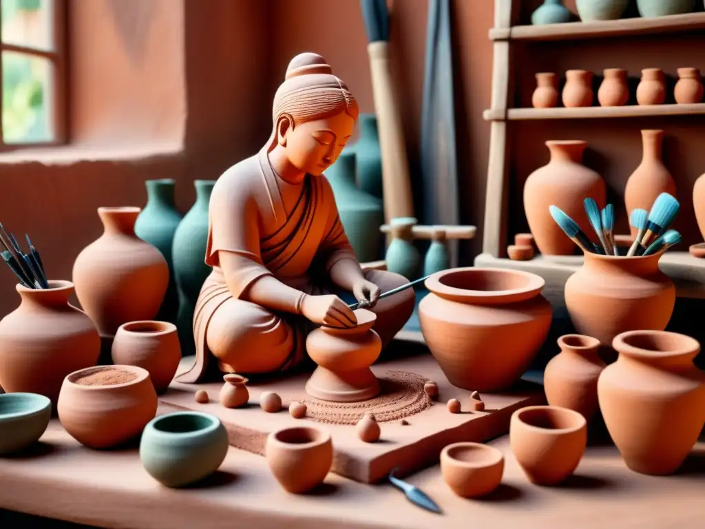 Sutil creación de figuras de terracota paso a paso, reflejando artesanía y color vibrante