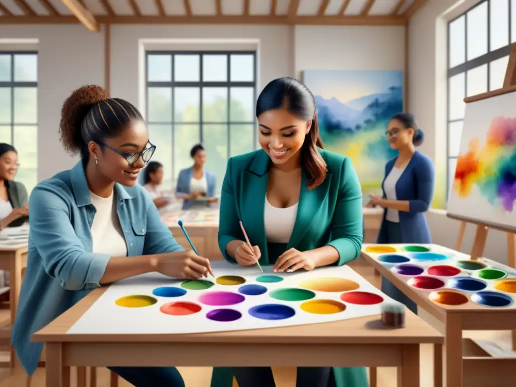 Un taller de arte contemporáneo en educación creativa, donde estudiantes y maestro colaboran en un ambiente vibrante y lleno de color