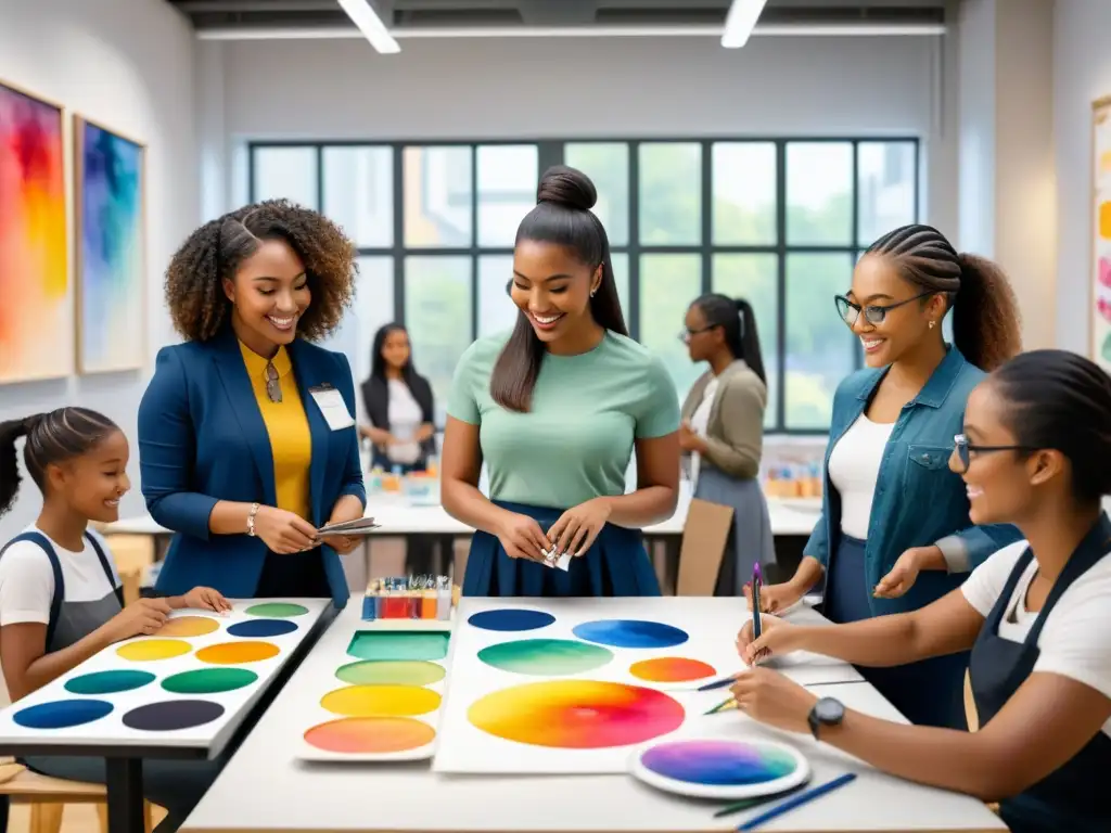 Un taller de arte contemporáneo en educación creativa, donde estudiantes crean piezas únicas inspiradas en sus raíces culturales