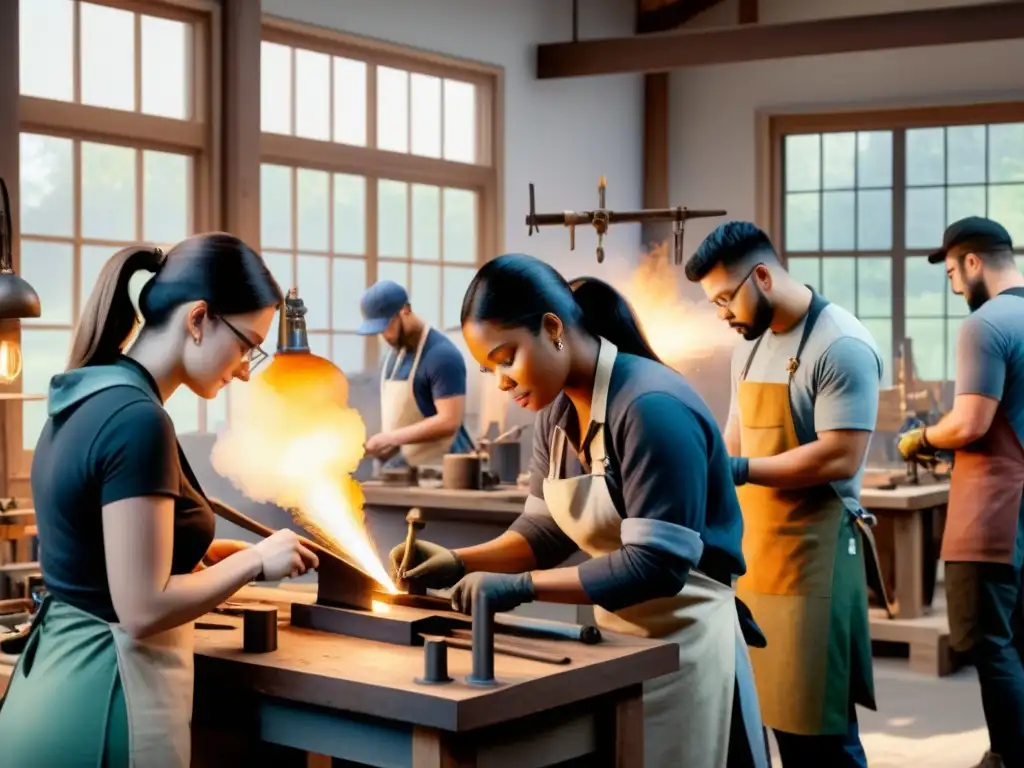 Taller de arte en metal para principiantes: Estudiantes creativos aprendiendo con un artesano experto, rodeados de herramientas y luz natural