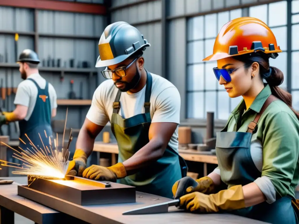 Un taller de arte en metal para principiantes, con diversidad y entusiasmo en un estudio industrial lleno de herramientas y chispas volando