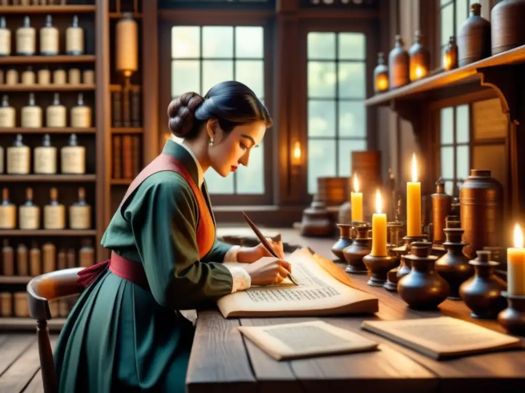Un taller de caligrafía antigua con artesanos creando letras ornamentadas entre plumas y pergaminos, iluminado por velas