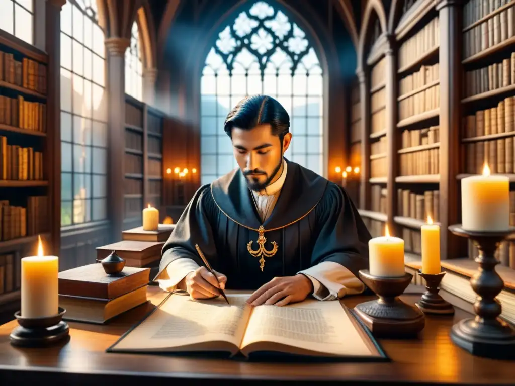 Un taller de caligrafía en una biblioteca antigua, con libros y pergaminos