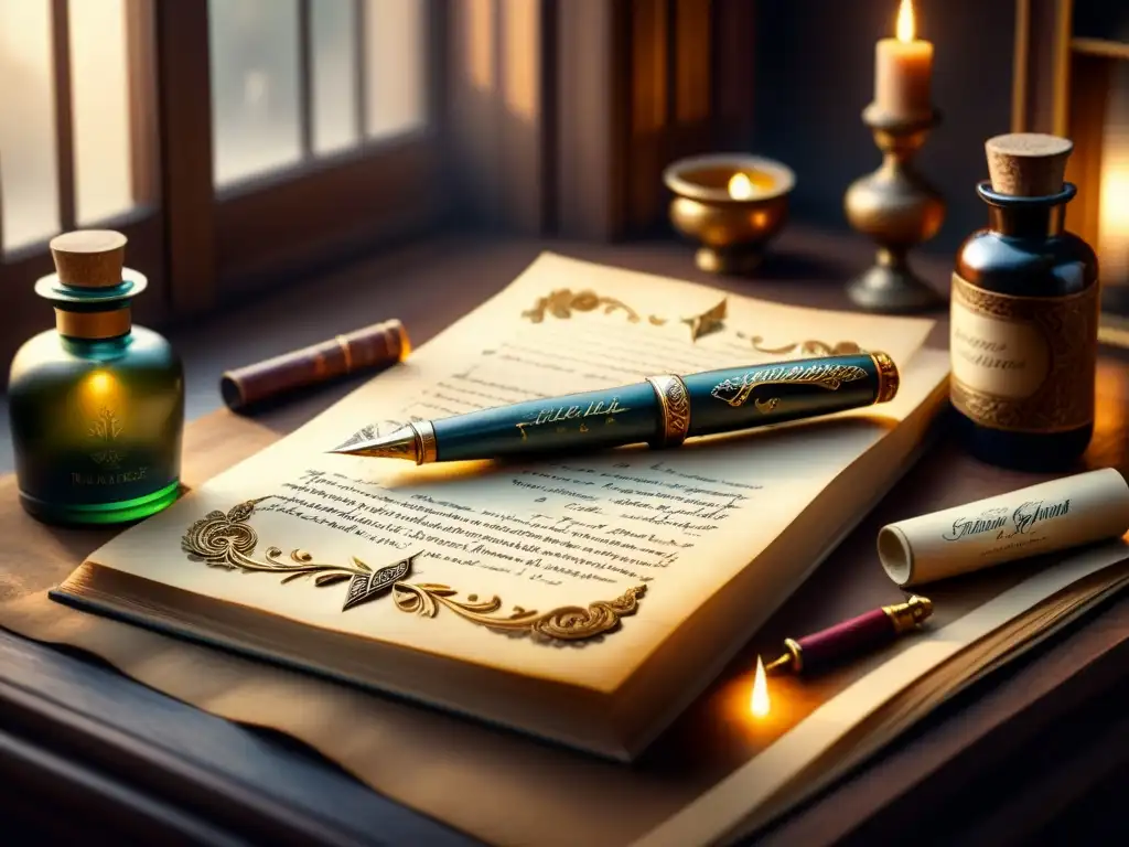Un taller de caligrafía y lettering en una escena antigua, donde una pluma crea elegantes trazos en pergamino
