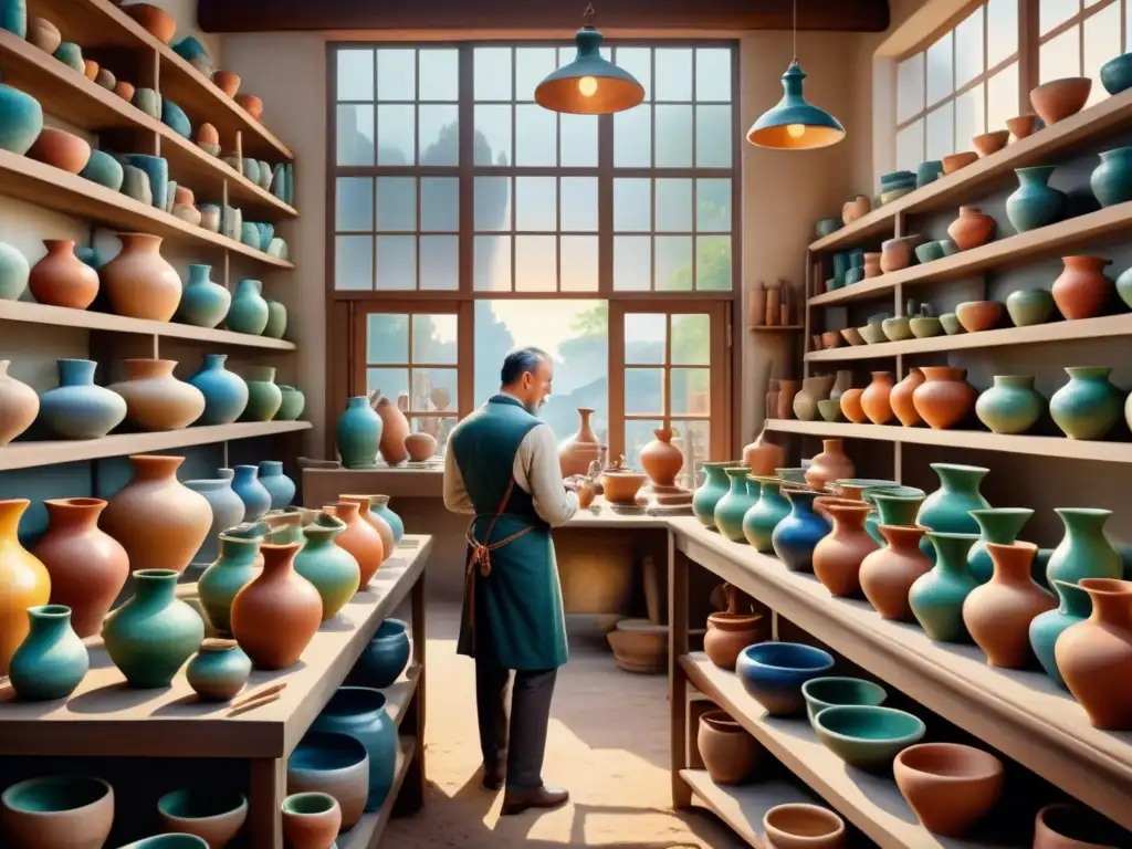 Artesanos modernistas crean cerámica vibrante en taller del siglo XX Un taller de cerámica modernista lleno de artesanos creando piezas vibrantes, reflejando la historia y técnica cultural
