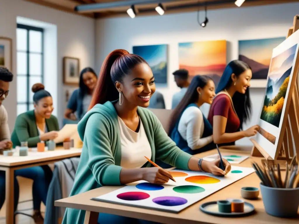 Un taller educativo de curaduría artística con alumnos diversos seleccionando obras para una exposición