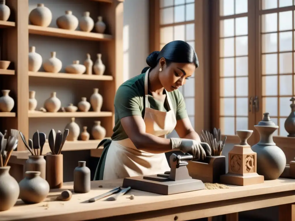 En un taller de escultura, el artista esculpe con técnicas de simetría y equilibrio perfecto