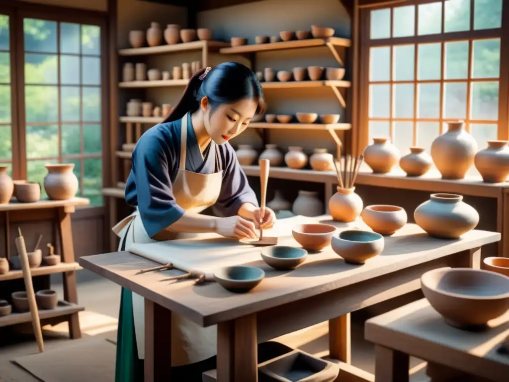 Un taller práctico de maestros japoneses de cerámica, con detalles de herramientas tradicionales, cerámica y un horno rústico