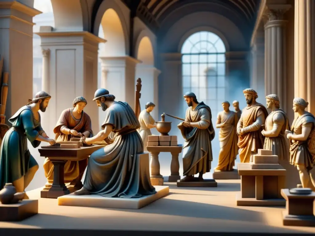 Escultores renacentistas tallando obras maestras Un taller renacentista bullicioso con escultores tallando estatuas, capturando la innovación en la escultura renacentista fuera de Italia