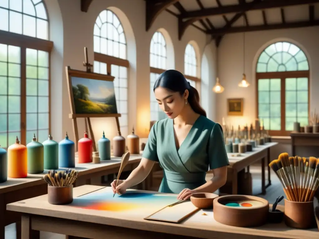 Un taller de restauración de arte con luz natural iluminando pinturas, pinceles y herramientas