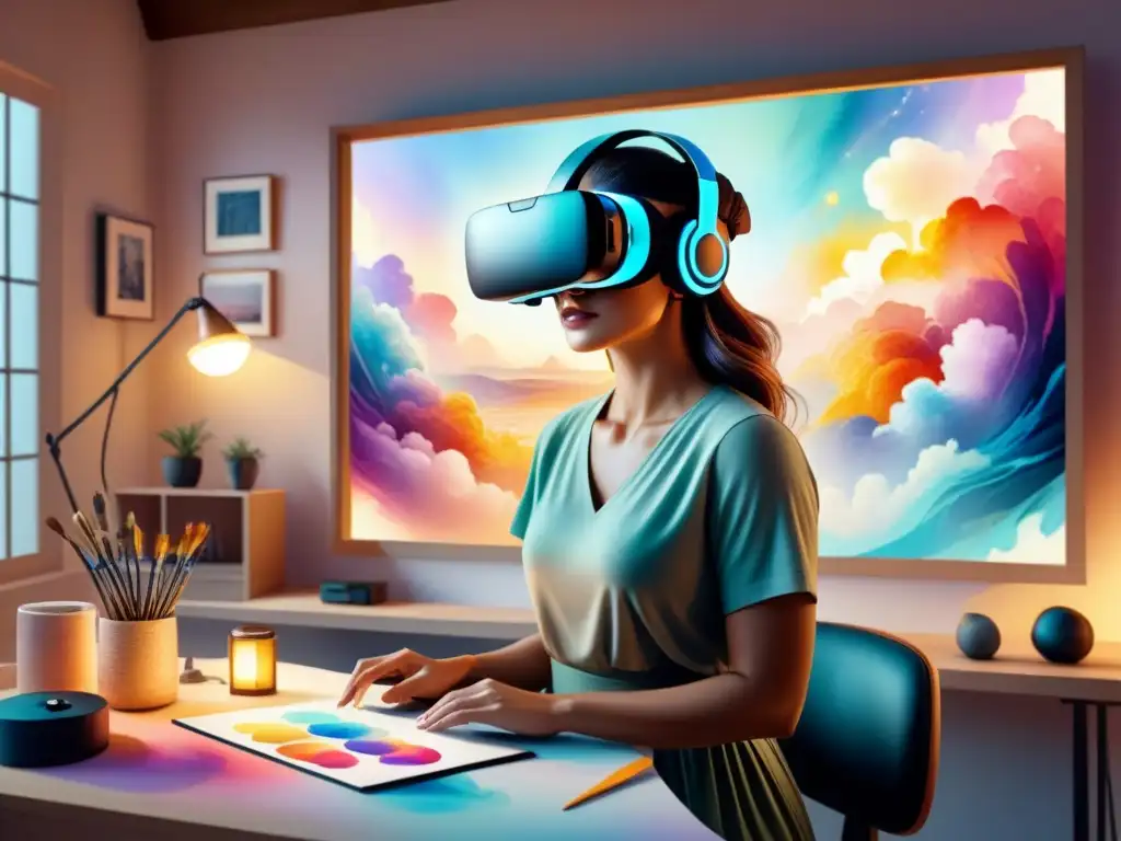 Técnica de arte en Realidad Virtual: Un headset rodeado de colores vibrantes en un estudio virtual sereno