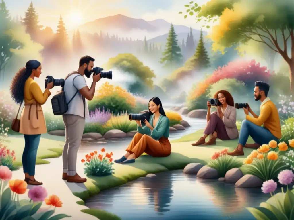 Terapia fotográfica multicultural en un jardín sereno Una terapia fotográfica para explorar emociones en un jardín sereno, con personas diversas capturando momentos significativos