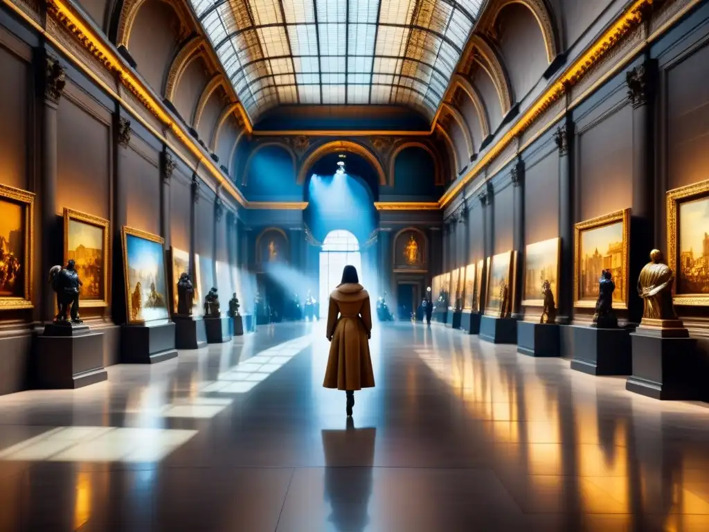 Descubre tesoros ocultos Louvre arte en un pasillo iluminado, con detalles dorados y atmósfera misteriosa