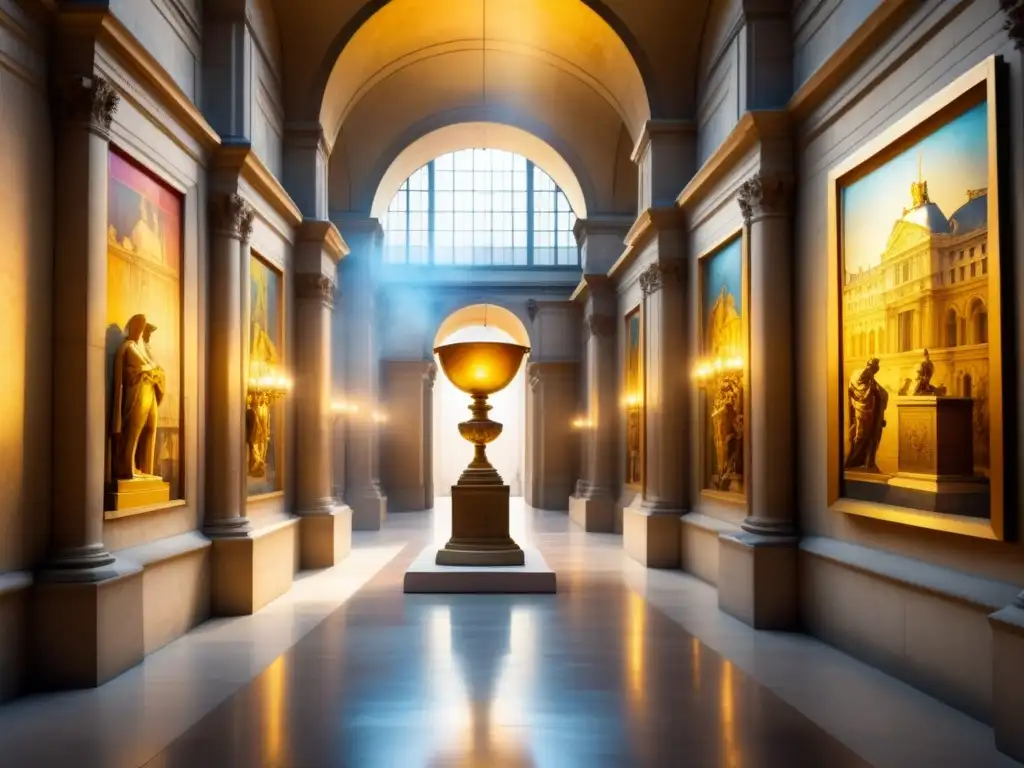 Descubre tesoros ocultos en el Louvre: un corredor lleno de arte antiguo, iluminado por una ventana de vitral