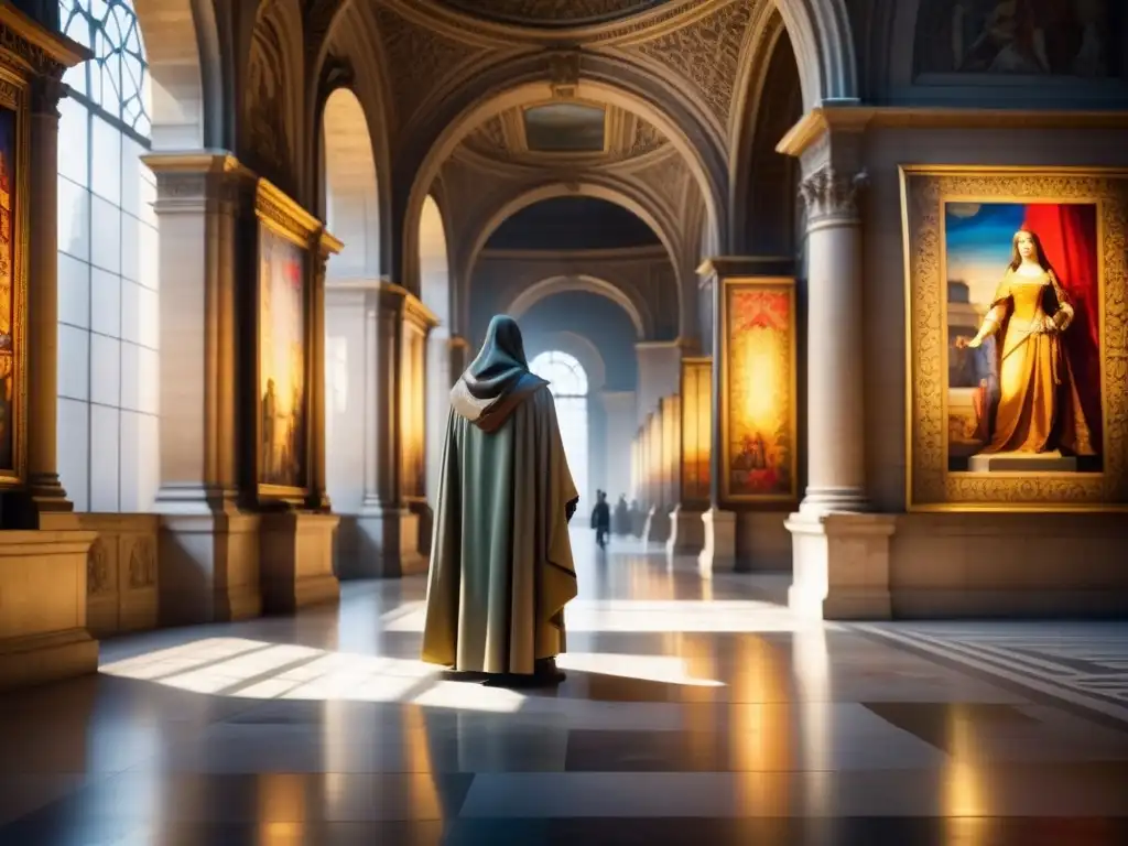 Explorando tesoros ocultos en el Louvre: misteriosa escena en un corredor con estatuas antiguas y tapices