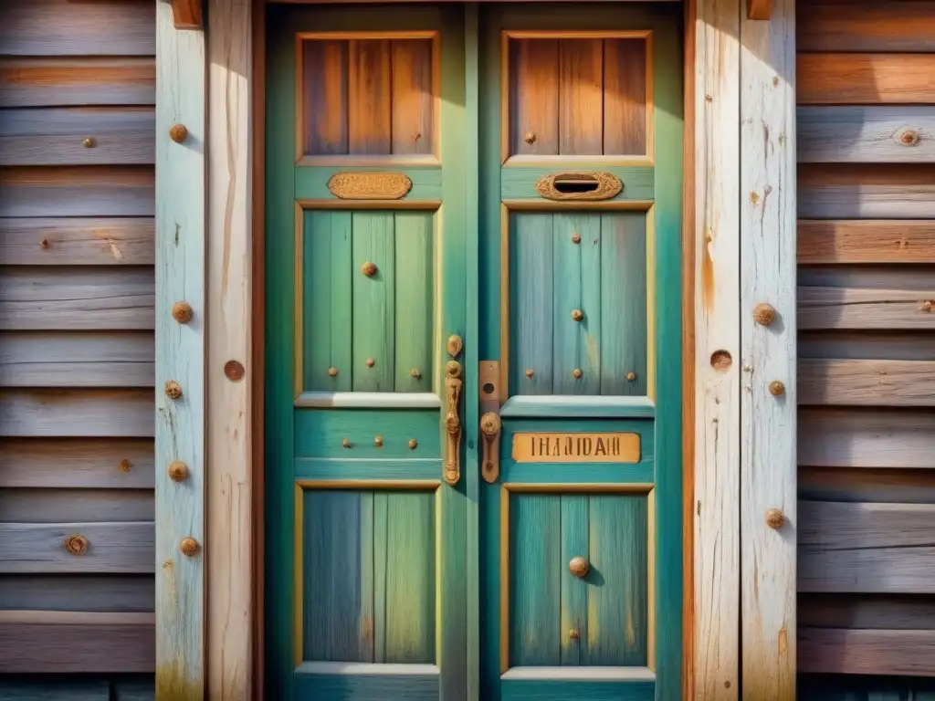 Fotografía de texturas desgastadas en una antigua puerta de madera en acuarela, con colores vibrantes y detalles enriquecidos