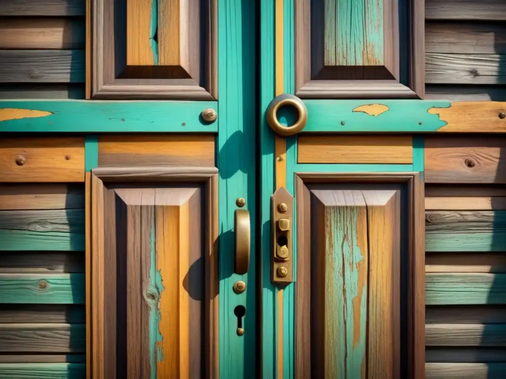 Fotografía de texturas desgastadas en una puerta de madera en acuarela, capturando la historia y la nostalgia