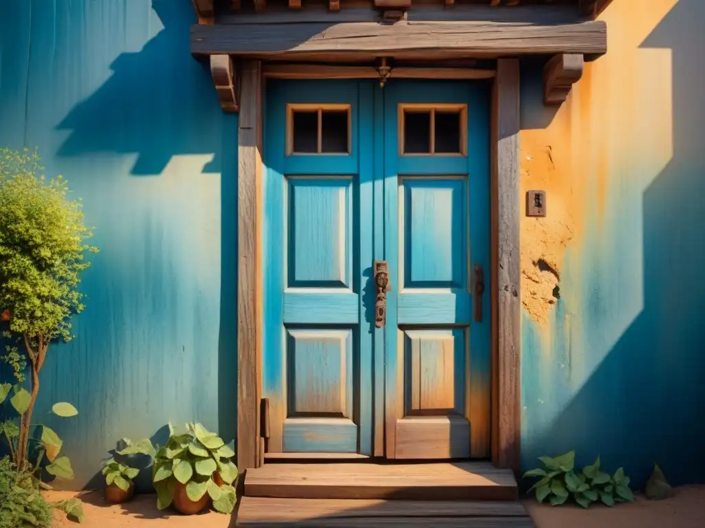 Fotografía de texturas desgastadas en una puerta de madera en acuarela, iluminada por el sol y llena de historia y encanto en tonos azules y grises