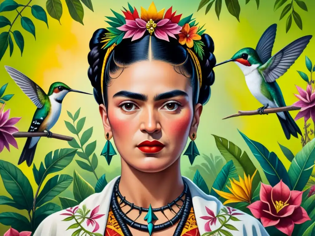 Tour exclusivo museo Frida Kahlo: detallada acuarela de Frida Kahlo con corona de espinas y colibrí, rodeada de exuberante flora mexicana