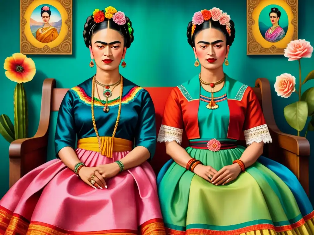 Tour exclusivo museo Frida Kahlo: Detallada ilustración acuarela de 'Las Dos Fridas' con vestidos vibrantes y simbolismo emocional