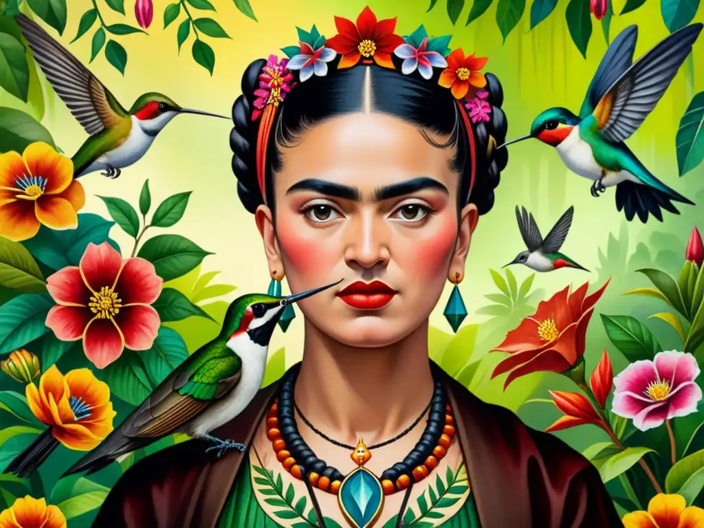 Tour exclusivo museo Frida Kahlo: Detalle acuarela de Frida Kahlo con corona de espinas y colibrí, rodeada de flores vibrantes y exuberante vegetación