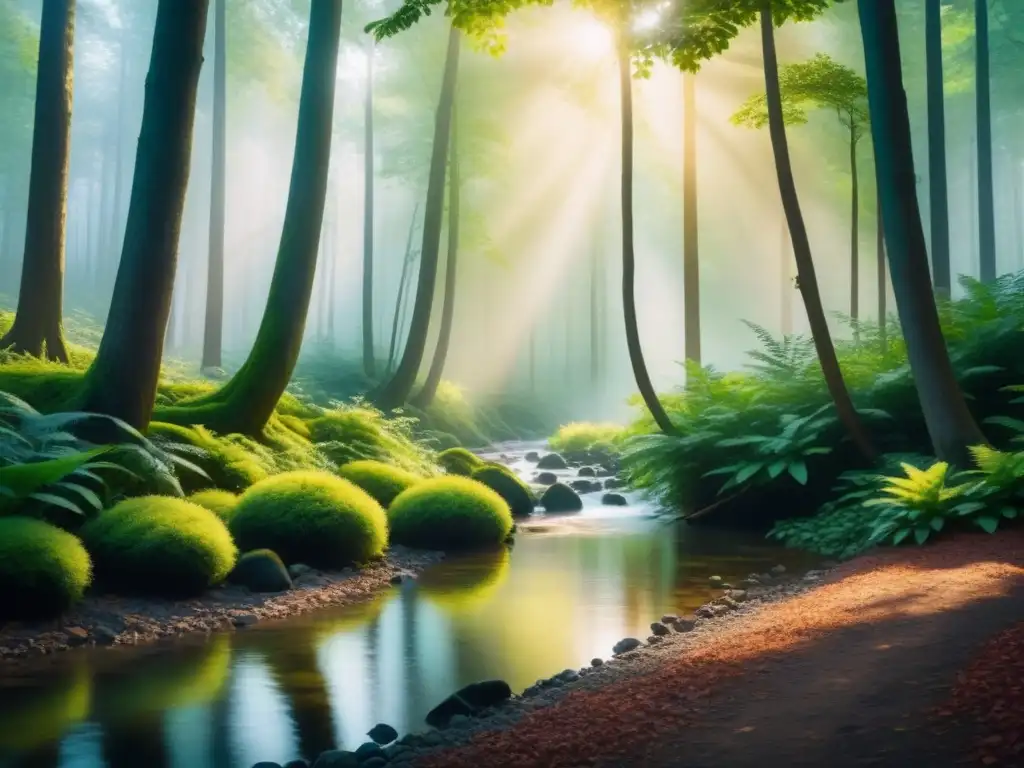 Un tranquilo cuadro acuarela de un bosque sereno, con rayos de sol filtrándose entre hojas verdes, creando sombras moteadas en el suelo del bosque