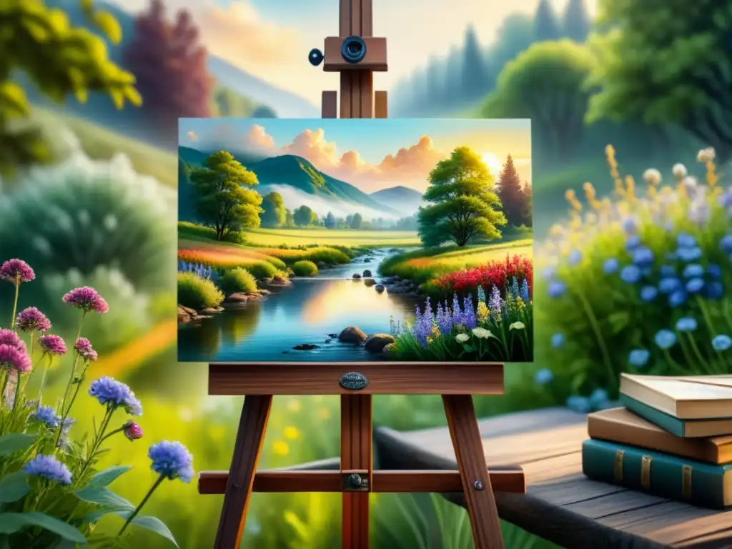Miniatura en paisaje campestre: detalle acuarela Un tranquilo paisaje de campo con óleo en miniatura obras, rodeado de flores silvestres y un arroyo