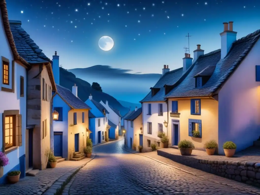 Un tranquilo pueblo de noche bajo la luz de la luna, con calles empedradas y casas iluminadas