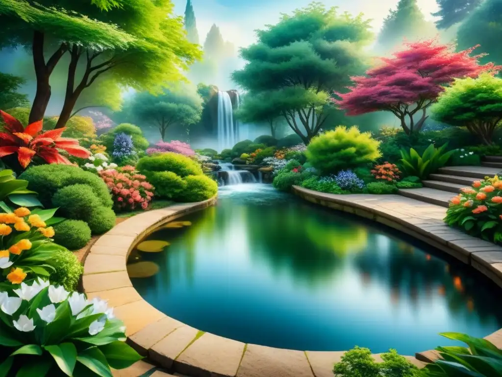 Un jardín tranquilo y sereno, lleno de coloridas flores, un estanque con peces koi y una cascada