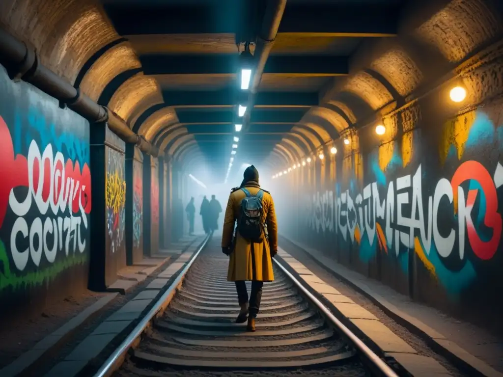 Un túnel subterráneo iluminado débilmente con arte urbano vibrante, símbolos culturales e históricos de guerras