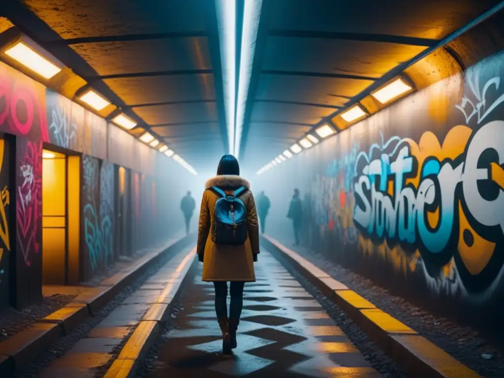 Un túnel subterráneo iluminado con vibrante arte callejero, reflejo de la diversidad cultural