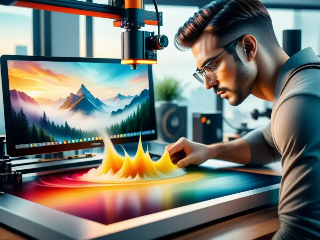 Tutoriales ilustrados creación obras arte impresión 3D: Artista crea obra detallada con impresora 3D y acuarelas, fusionando arte y tecnología