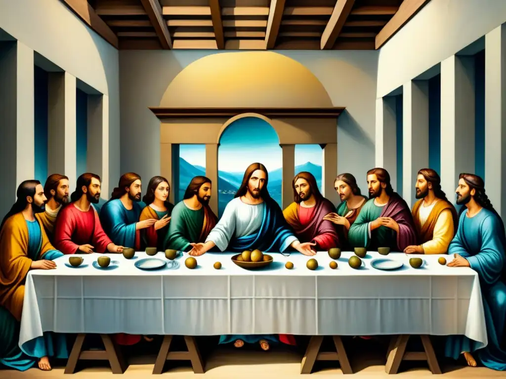 Cuadro acuarela del Última Cena en estilo manierista Una representación icónica de la Última Cena en el Manierismo, con figuras elegantes y serenas