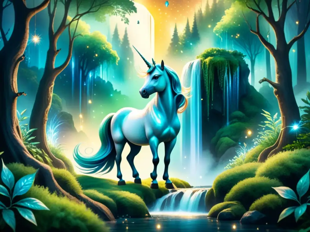 Ilustración acuarela: majestuoso unicornio en bosque encantado Un unicornio mágico en un bosque encantado, rodeado de luciérnagas y una cascada