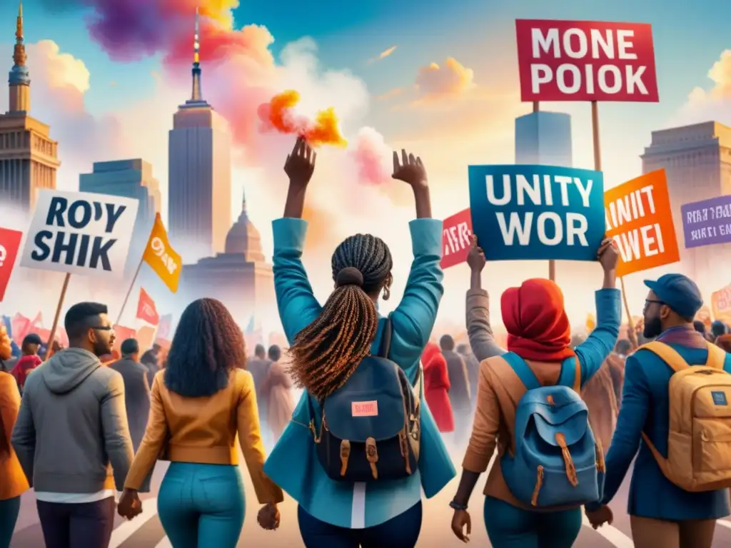 Unidos en protesta: diversidad y activismo en acuarela Unidas en activismo visual, diversas personas levantan carteles coloridos en la ciudad