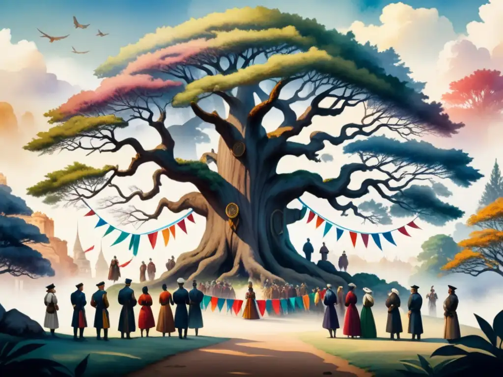 Unidas por la historia y la memoria, diversas personas rodean un árbol antiguo con cintas de colores, en un cuadro detallado de acuarela