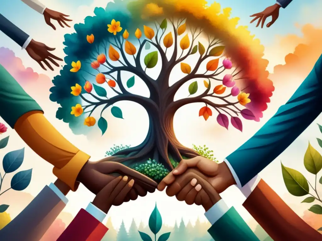 Unión diversa en ilustración acuarela Unidos en diversidad: ilustración acuarela de activismo visual arte diversidad, personas diversas rodean árbol floreciente