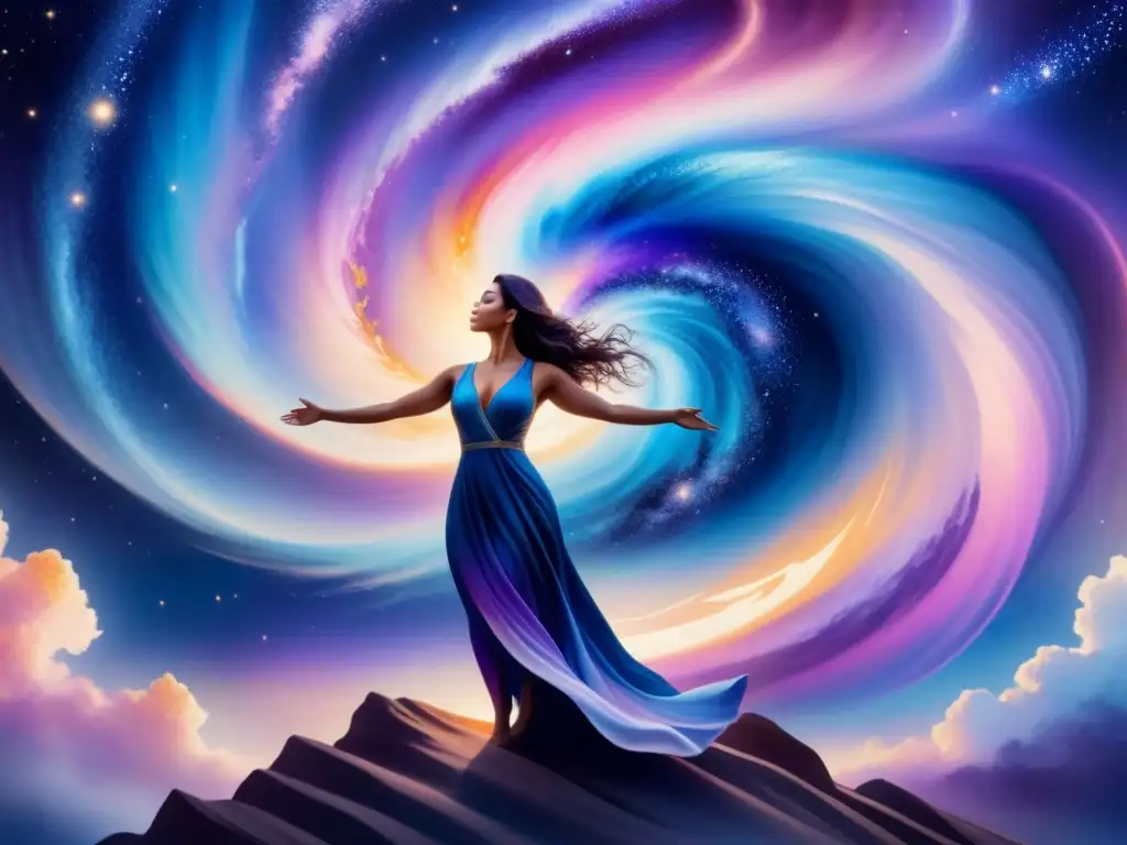 Explorando el cosmos: acuarela de introspección y crecimiento personal Explorando el universo interior a través del arte: persona frente a galaxia vibrante