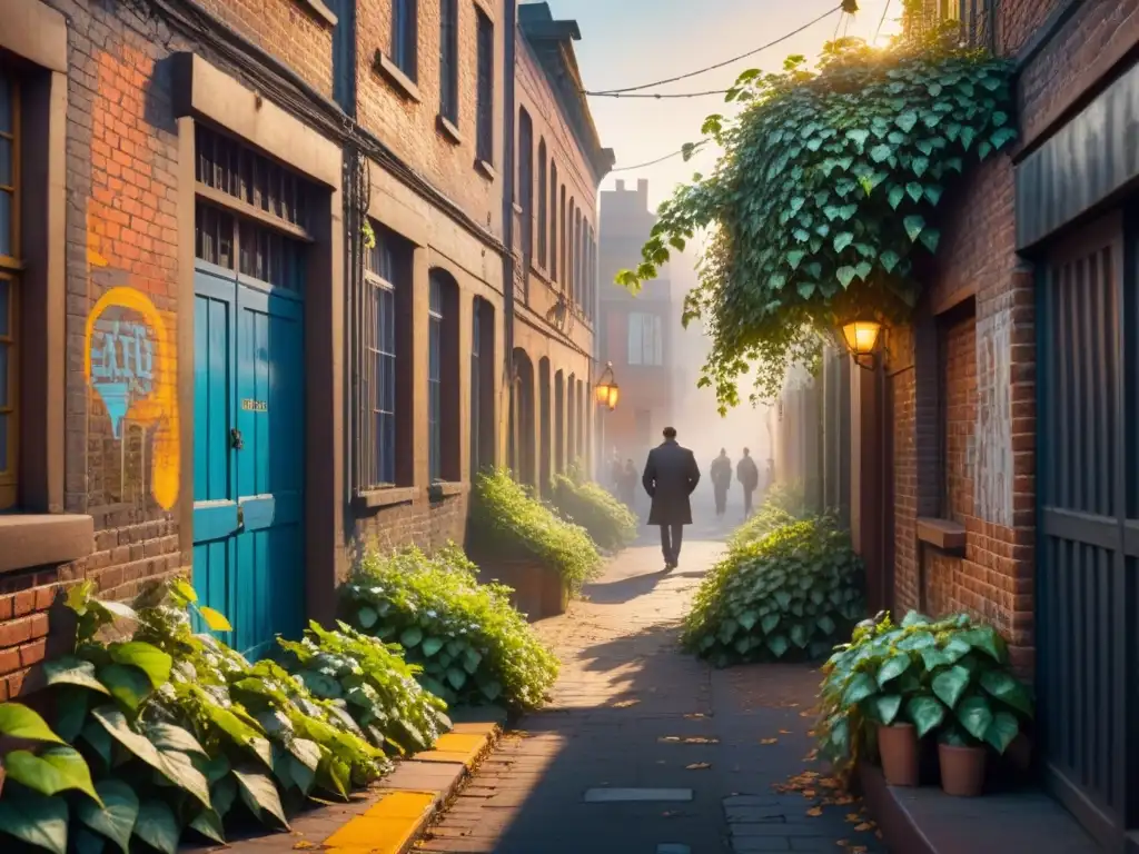 Fotografía urbana que fusiona decay, belleza y decadencia en un callejón lleno de graffiti y luz dorada al atardecer