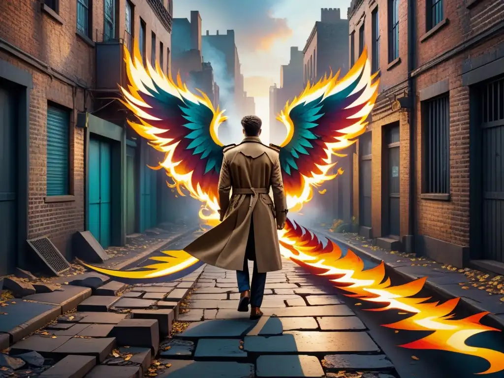 Una fotografía urbana decay que muestra la belleza en la decadencia de un callejón con grafitis de un fénix y una figura misteriosa