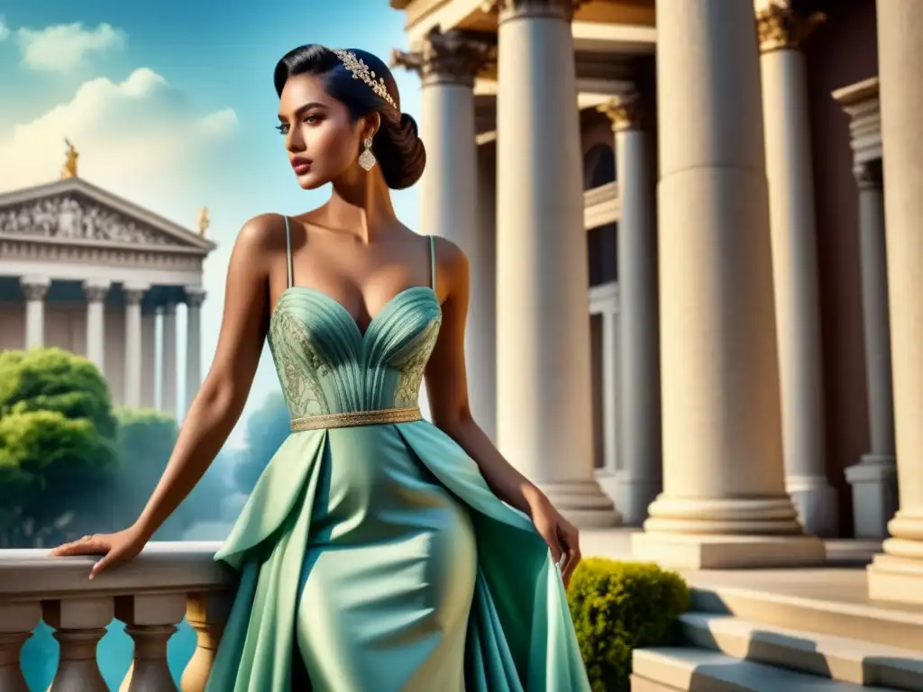 Vestido neoclásico: elegancia y sofisticación en acuarela Vestido neoclásico con motivos florales sobre arquitectura neoclásica