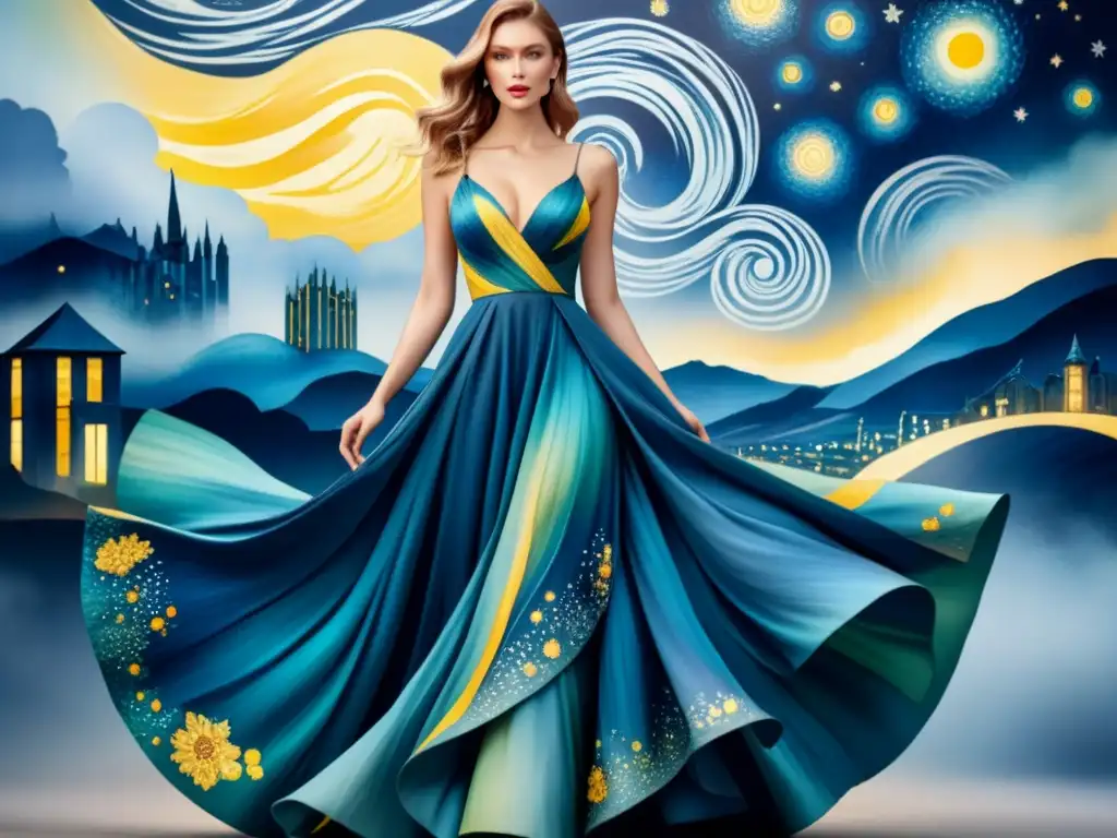 Vestido de noche inspirado en 'La noche estrellada' de Van Gogh, con patrones y pinceladas delicadas que capturan la esencia de la obra maestra