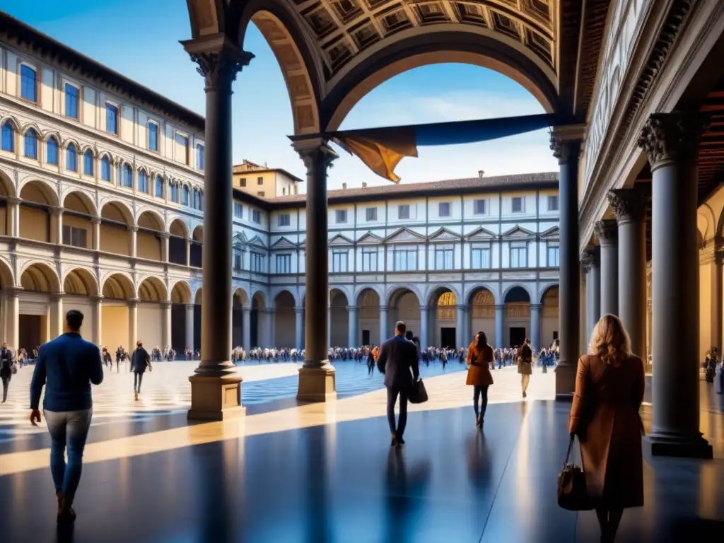 Un viaje renacentista en Florencia: una acuarela detallada de la icónica Galería Uffizi, con su arquitectura y colores vibrantes