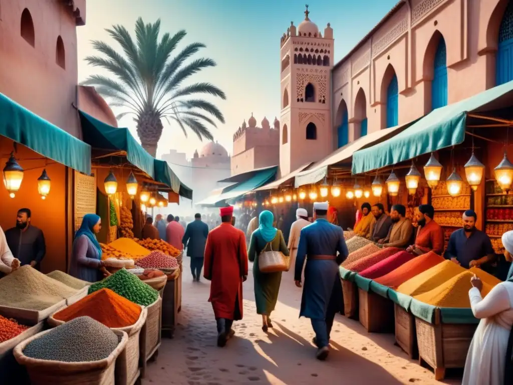 Fotografía de viajes cultural: Mercado marroquí vibrante con especias, telas y cerámicas coloridas, locales en vestimenta tradicional